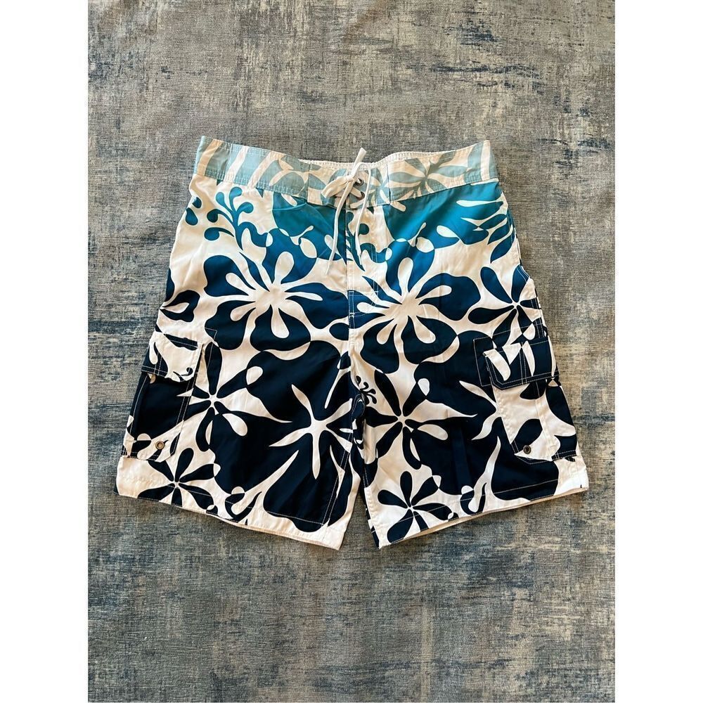 Merona Blue White Tropical Floral Print Cargo Swim Board Shorts Men's Large